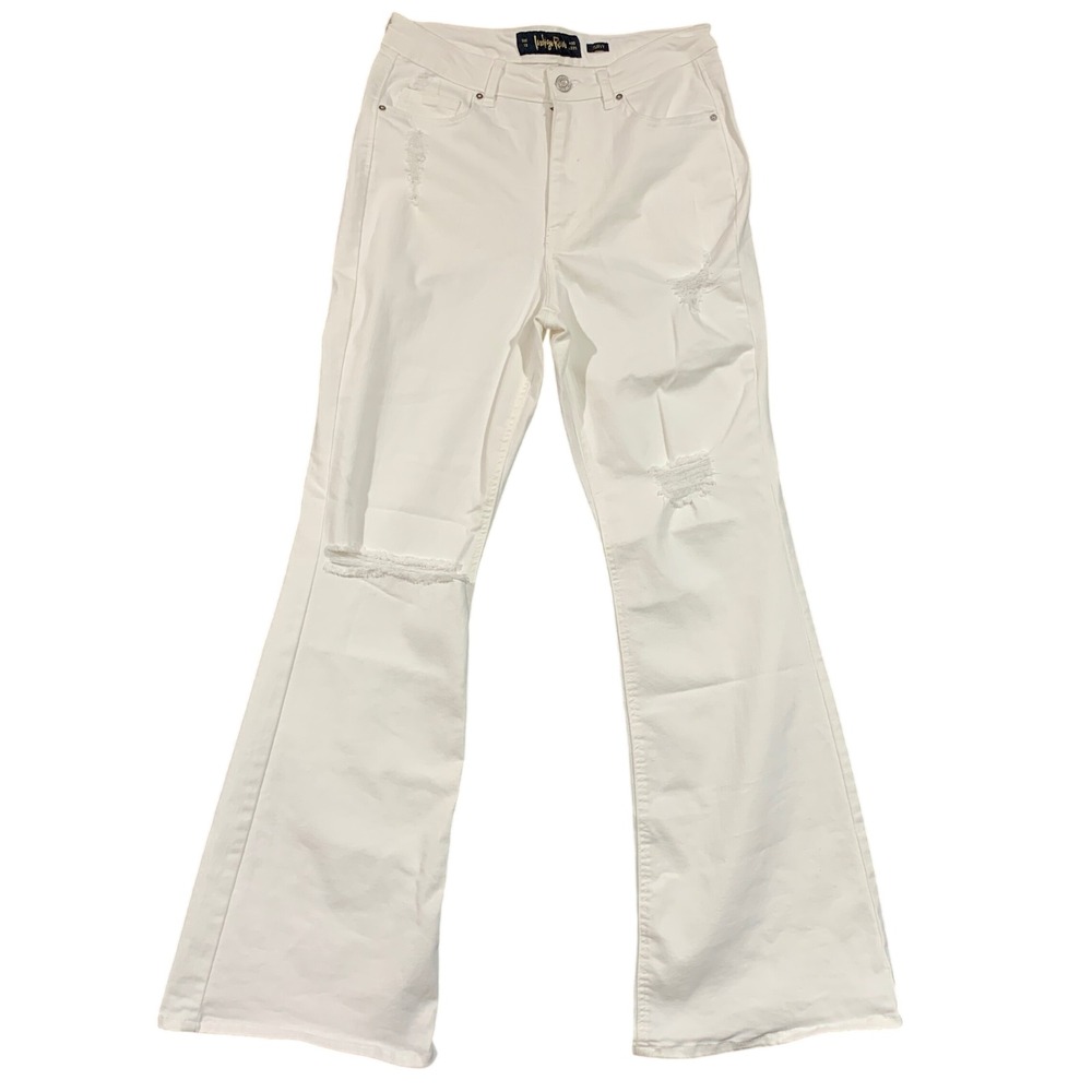 Indigo Rein White Distressed High Rise Curvy Flare Jeans Size 13/30‎ Boho Chic